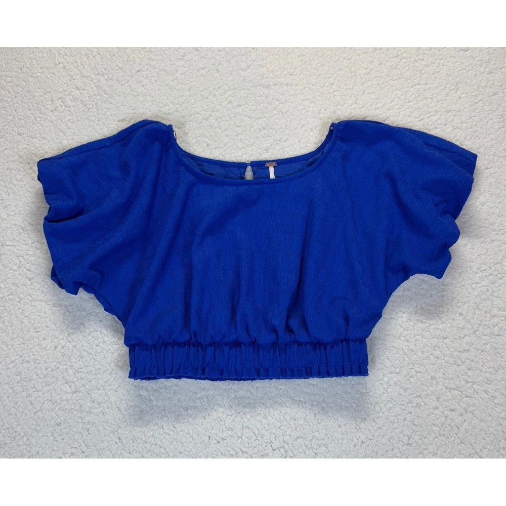 Free People Tovah Royal Blue‎ Crop Top S Smocked Hem Flutter Sleeve Crepe Blouse